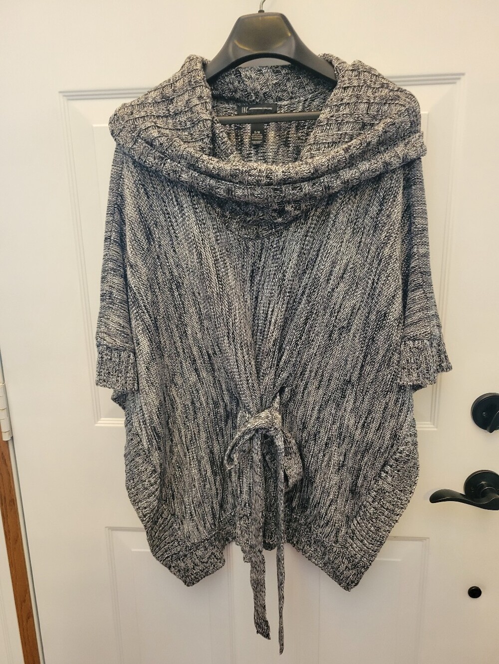 INC, Cozy Hooded Sparkle Belted Cowl Neck Pancho Knit Sweater - Gray/Black